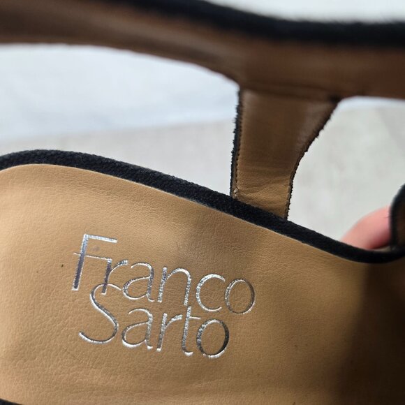 Franco Sarto Heeled Sandals Sz 8 Black Perferated Suede Dressy Block Heel Shoes - Picture 10 of 12